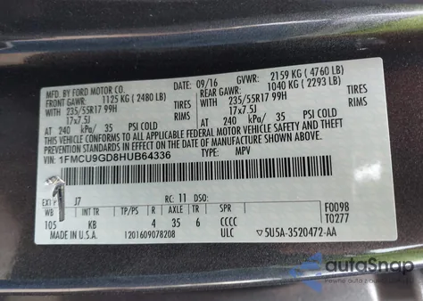 2017 Ford Escape Se z USA, uszkodzony, nr VIN 1FMCU9GD8HUB64336